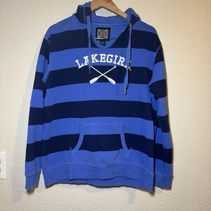 Lake Girl Womens L Stripe Hoodie Sweatshirt Dark Blue Relaxed Fit Embroidered